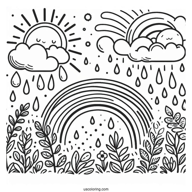 Rain Coloring Page Of Raindrops And Rainbows For Preschoolers