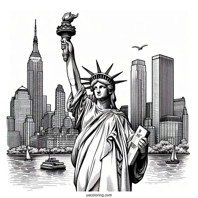 New York Coloring Page Of Realistic Statue Of Liberty