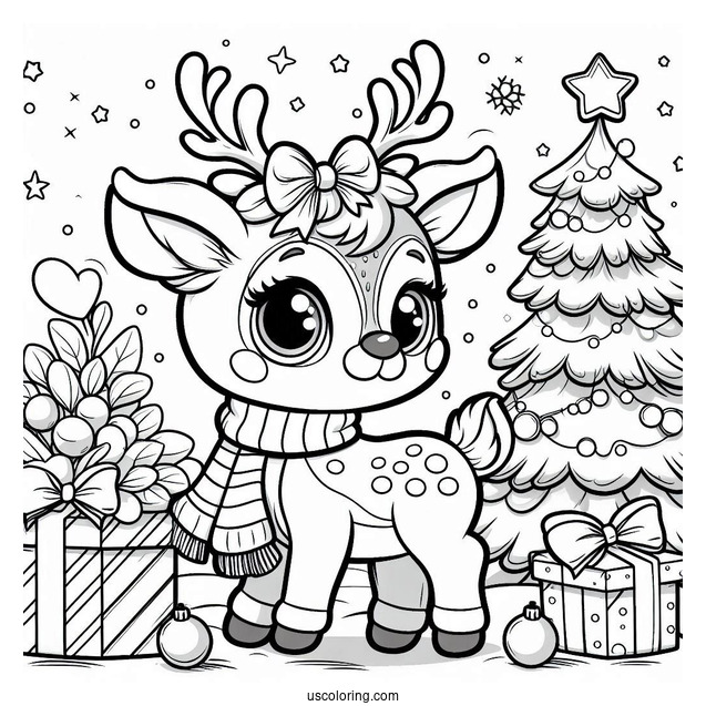 Adorable Little Rudolph Coloring Page Beside A Christmas Tree For Preschoolers