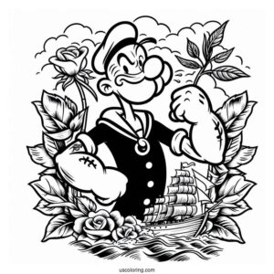 Popeye Coloring Page The Sailor Man Logo With Ship And Roses