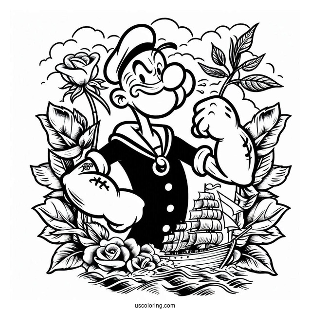 Popeye Coloring Page The Sailor Man Logo With Ship And Roses