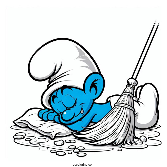 Lazy Smurf Napping While Sweeping Floor