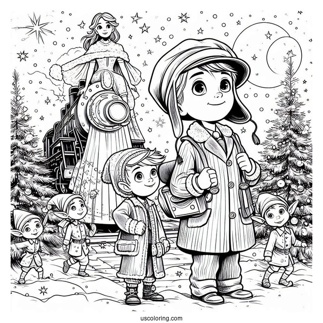 Polar Express Coloring Page Of Hero Boy, Hero Girl, And Lonely Boy With The Elves Around A Christmas Tree