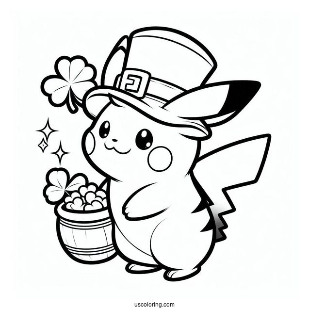 St. Patrick's Day Coloring Page Of Adorable Pikachu Dressed As A Leprechaun For Kids