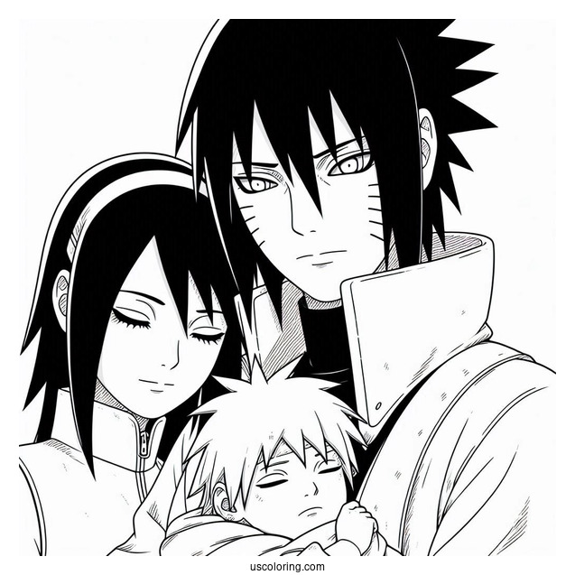 Adult Uchiha Sasuke Coloring Page Holding Baby Sarada