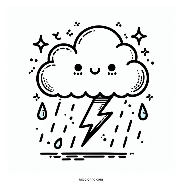 Simple Cloud with Rain Coloring Page And Thunder For Kids