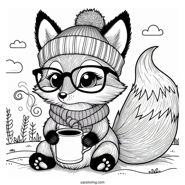 Smart Fox With A Beanie And Glasses Drinking Tea