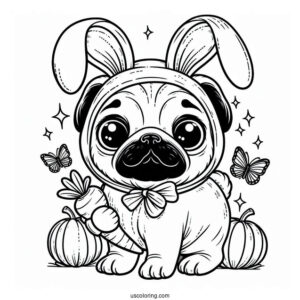 Pug Coloring Page in Bunny Costume Holding Carrot For Kids