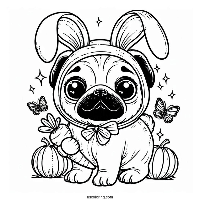 Pug Coloring Page in Bunny Costume Holding Carrot For Kids