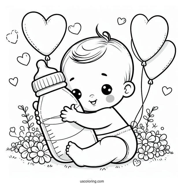 Baby Coloring Page Hugging Milk Bottle With Heart Balloons