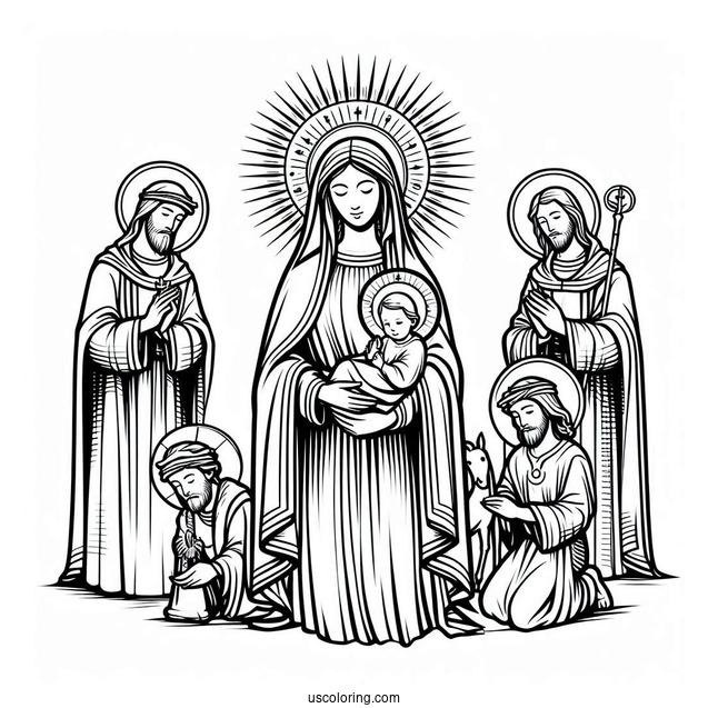 Virgin Mary With Jesus And Three Kings Coloring