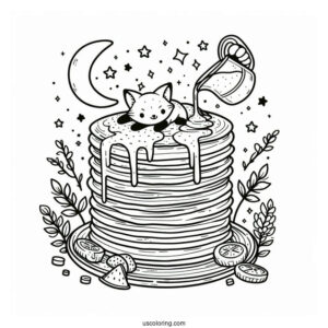 Easy Pancake Coloring Page Tower With Syrup And Tiny Foxes For Preschoolers