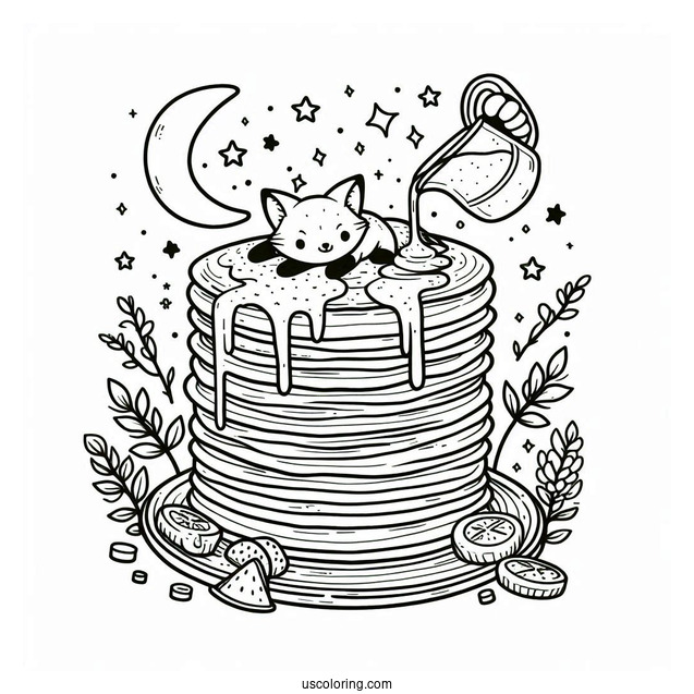 Easy Pancake Coloring Page Tower With Syrup And Tiny Foxes For Preschoolers