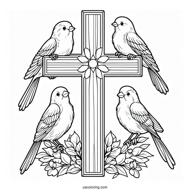 Four Birds Perched On A Cross Coloring Page