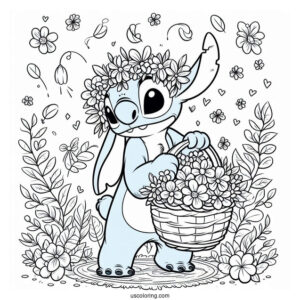 Stitch Carrying A Basket Of Flowers In Spring Coloring Page For Kids