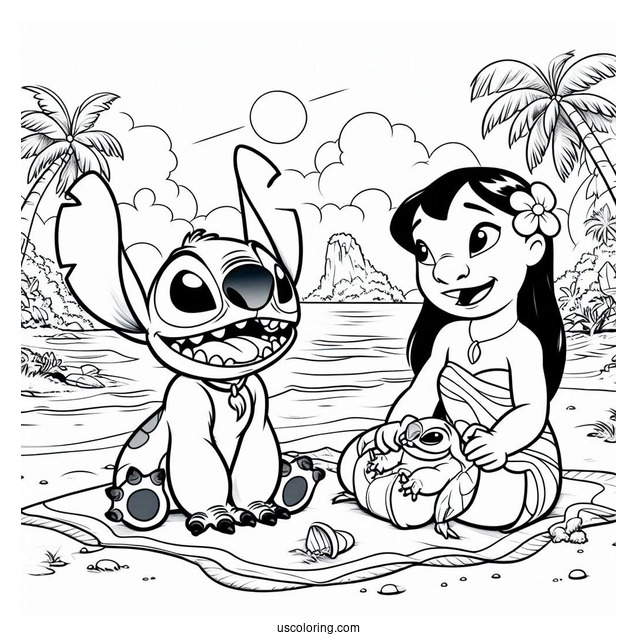 Coloring Page Of Lilo And Stitch On Beach With Jumba And Pleakley