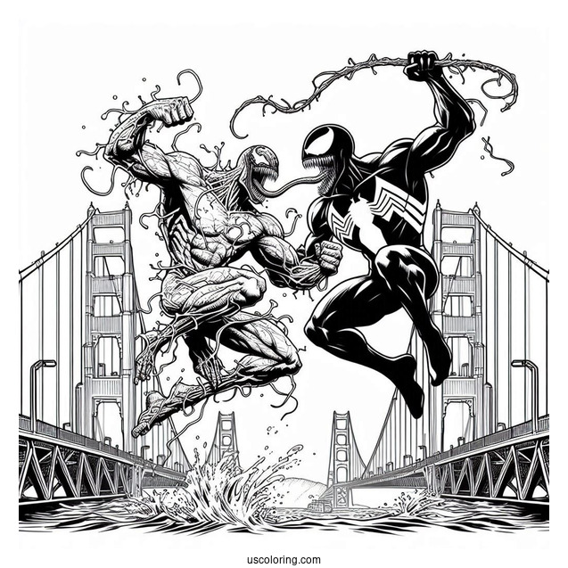 Venom Vs Carnage Coloring Page Fighting On Golden Gate Bridge