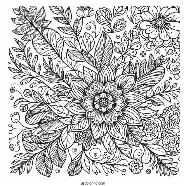 Complex Flower And Leaves Pattern Coloring Page