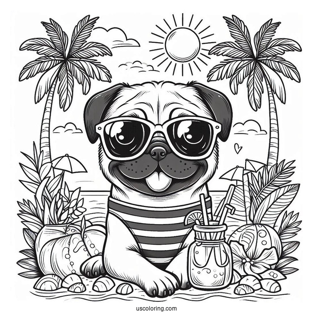 Cool Pug Coloring Page Wearing Sunglasses on a Tropical Vacation