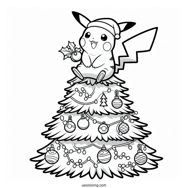 Pokemon Christmas Coloring Page Pikachu On Top Of A Christmas Tree With Pokemon Ornaments