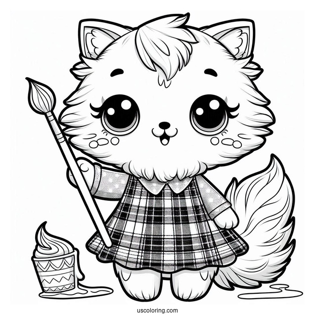 Cute Coloring Page Furry Cat Holding A Paintbrush And Wearing A Plaid Dress