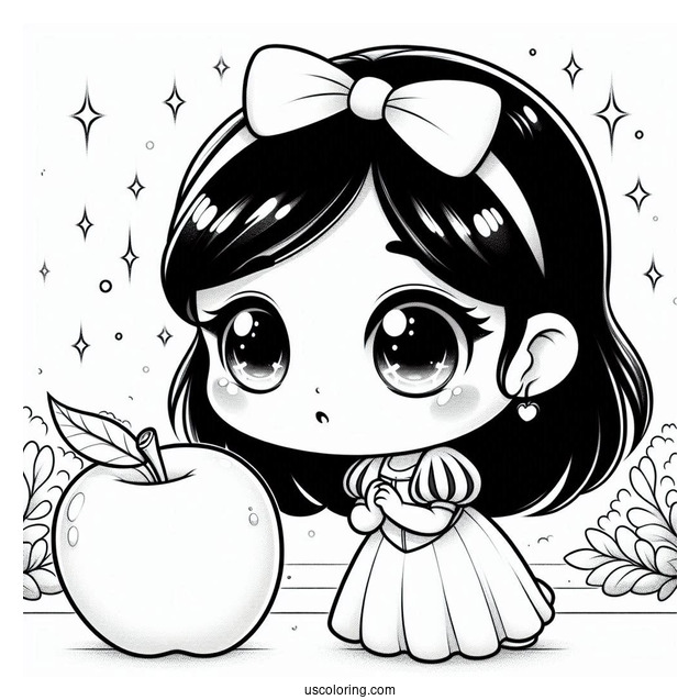 Adorable Chibi Snow White Coloring Pages Staring At An Apple For Preschoolers
