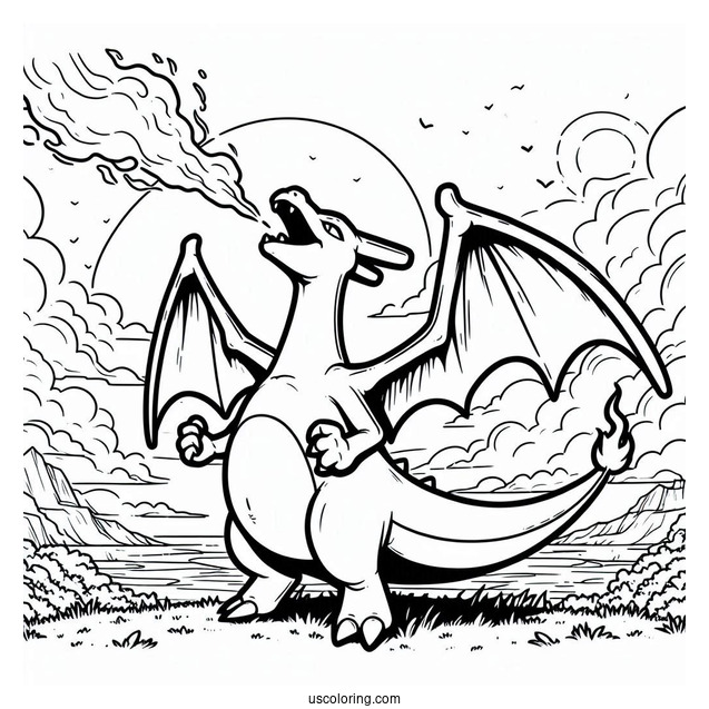 Coloring Page Of Charizard Breathing Fire In The Sky