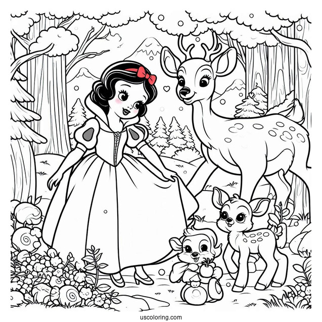 Snow White In Forest With Baby Deer To Color