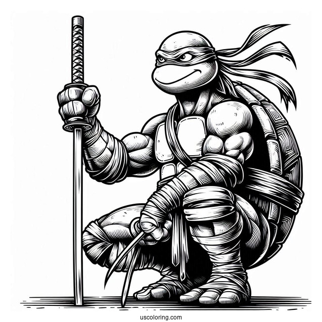 Ninja Turtles Coloring Page Of Leonardo Kneeling On Ground While Holding Katana