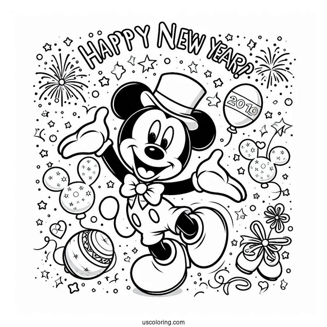 Mickey Mouse Dancing Under Happy New Years Eve Coloring Page For Kids
