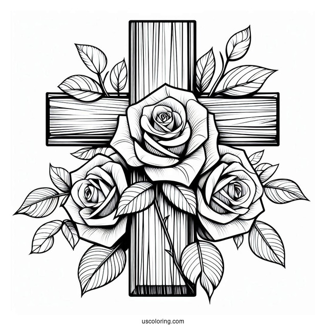 Wooden Cross With Roses To Color