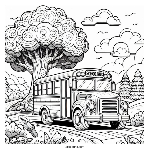School Bus Coloring Page Parked In Front Of A Massive Tree