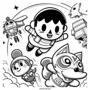 Super Smash Bros Coloring Page Of Animal Crossing Villager Leaping Over Mario And Star Fox