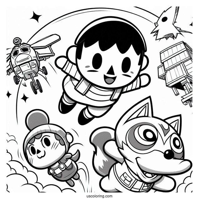 Super Smash Bros Coloring Page Of Animal Crossing Villager Leaping Over Mario And Star Fox