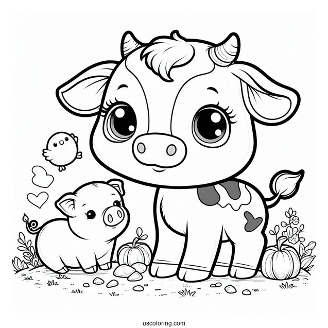 Baby Cow With Pig Chicken And Pig Coloring Sheet