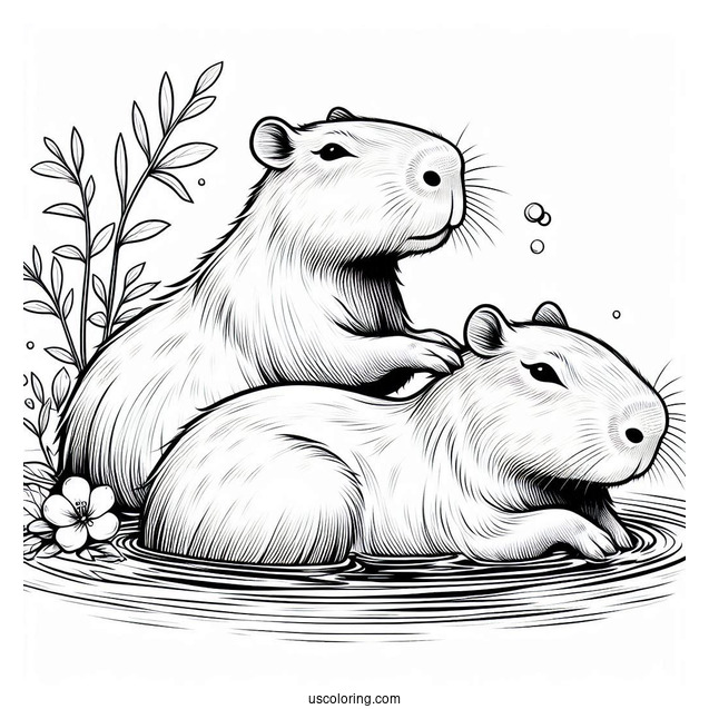 Realistic Capybara Coloring Page Taking A Bath