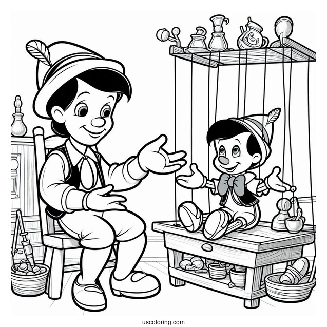 Figaro Playing With Puppet Pinocchio Coloring Page In Workshop
