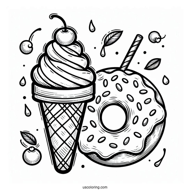Ice Cream Donut Coloring Page On A Cone With Cherry On Top