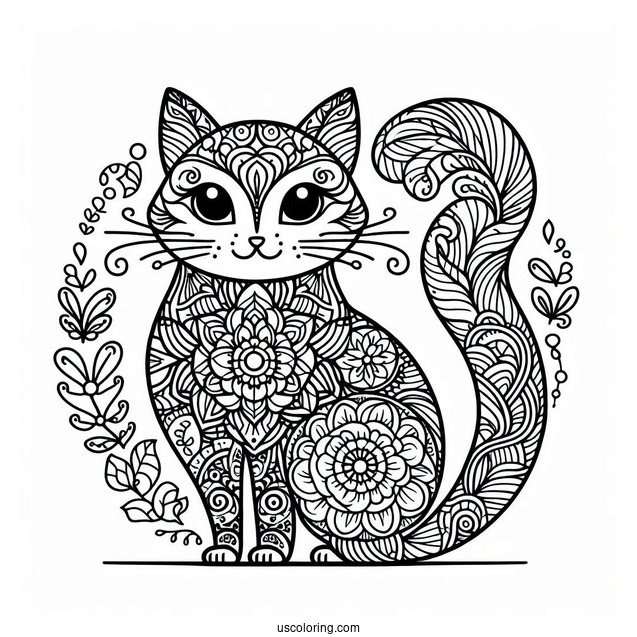 Cat-Shaped Floral Mandala Coloring Page