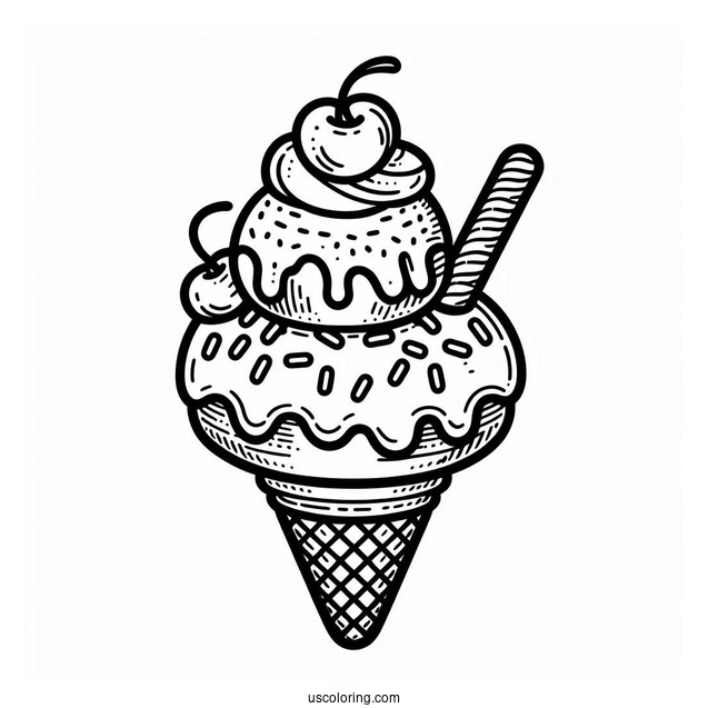 Ice Cream Donut Coloring Page On A Cone With Cherry On Top
