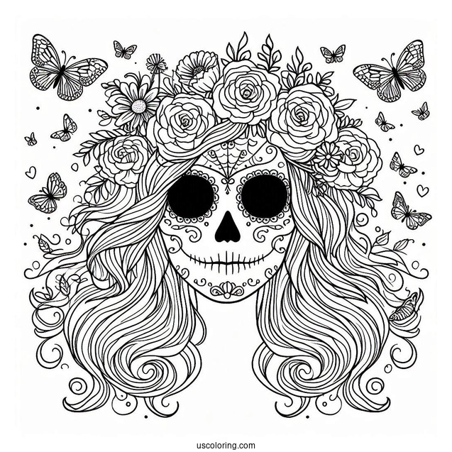Sugar Skulls Coloring Page With Hair And Floral Background