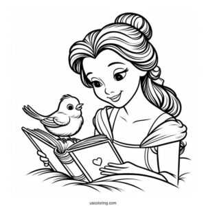 Coloring Sheet Of Belle Reading a Book With Bird