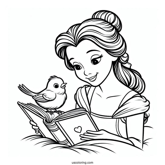 Coloring Sheet Of Belle Reading a Book With Bird