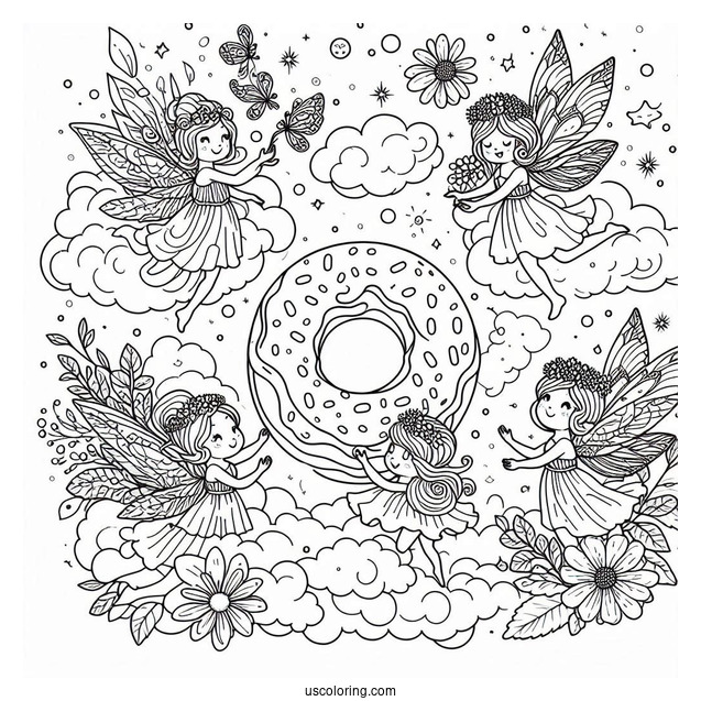 Fairies Surrounding A Donut Coloring Page In The Clouds
