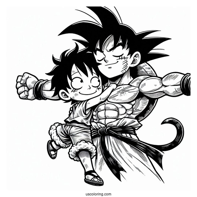 Luffy Coloring Page With His Arms Around Goku