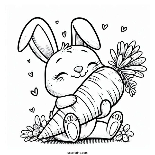 Smiling Easter Bunny Coloring Page Hugging Huge Carrot