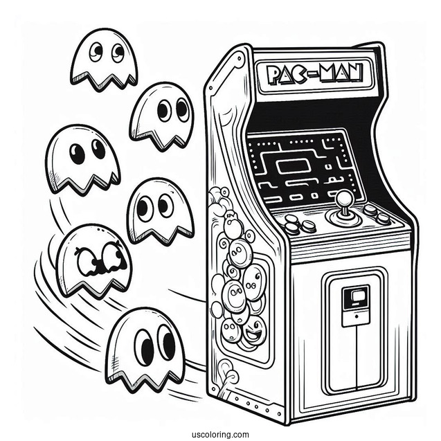 Pac-Man Coloring Page And Ghosts Leaping Out Of Arcade Machine