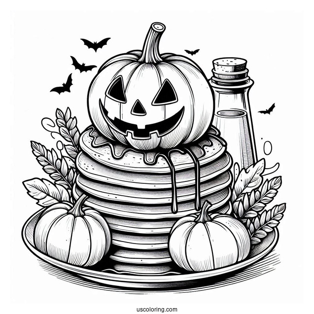Realistic Fall Pancake Coloring Page With Jack O Lanterns