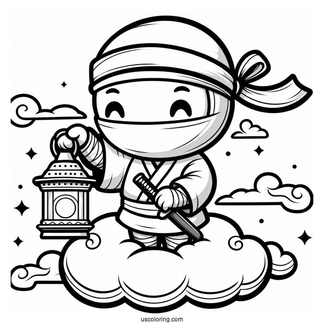 Ninja On A Cloud Holding A Lantern Coloring Sheet For Kids