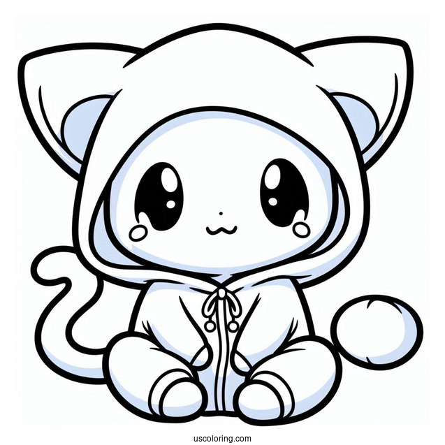 Cute Mew Coloring Page In Onesie With Hoodie For Kids